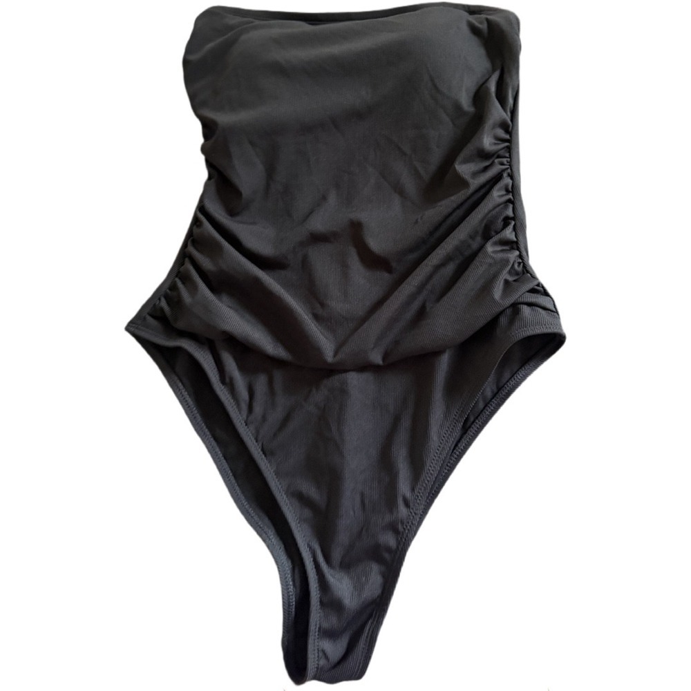 Shade & Shore Black Ribbed Strapless One Piece Swimsuit M NWT Removable Straps